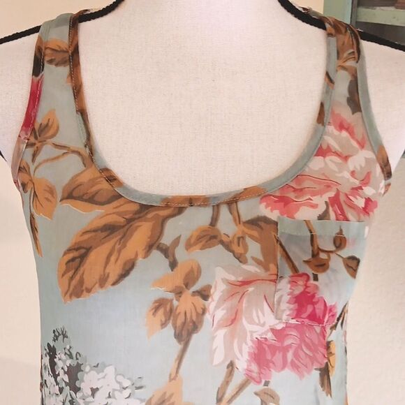 Wet Seal Blue and Pink Fitted Sheer Tank Top, Floral. Racer Back - Picture 2 of 8